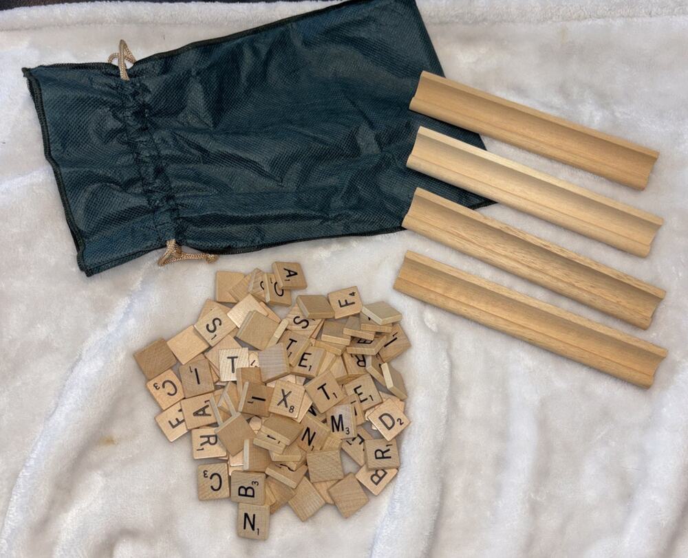 1977 Edition Scrabble Wooden Tiles & Racks Replacement Game Pieces Brown